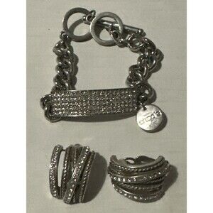 Silvertone Rhinestone and Filigree Clip On Earrings And Chicos Studded Bracelet
